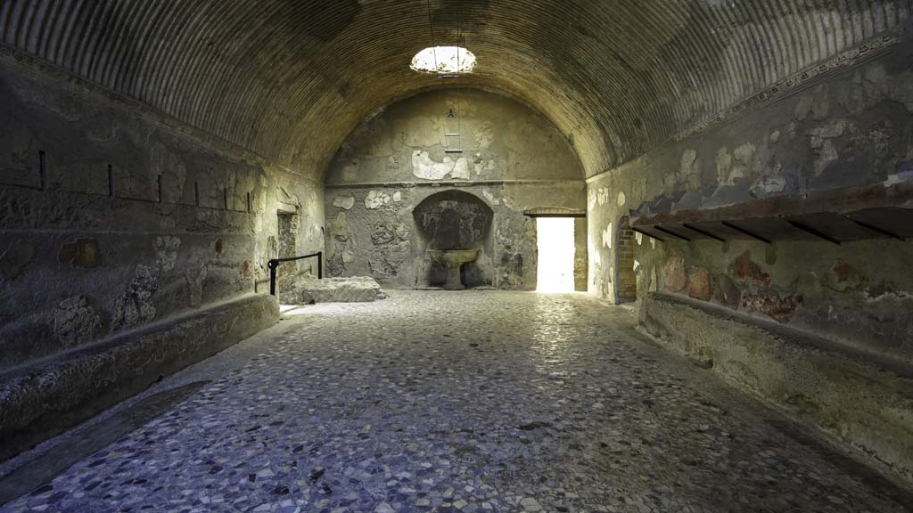VI.1/7, Herculaneum, August 2021.
Looking north across flooring of segmented black, grey and white marble. Photo courtesy of Robert Hanson.